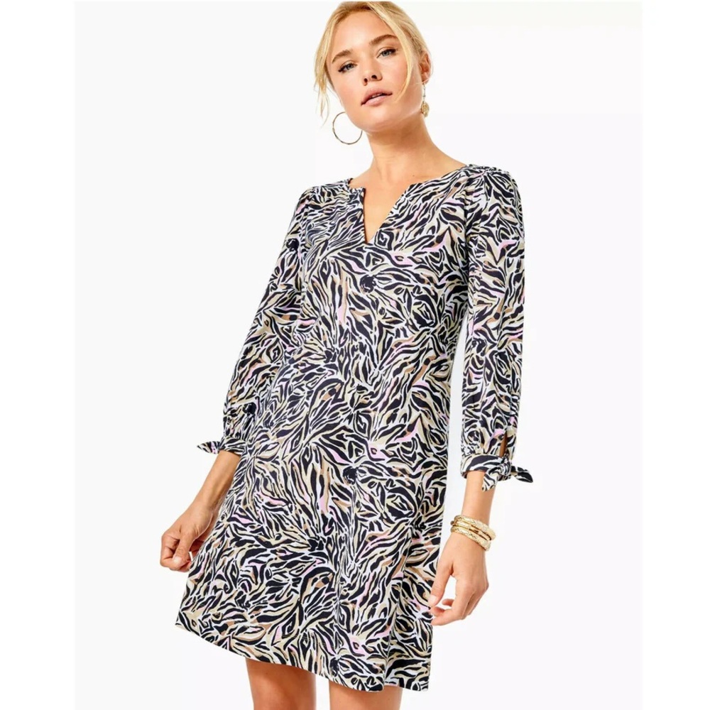 NWT Lilly Pulitzer Large Cath Tunic Mini Dress Cotton Zebra Print w/ 3/4 Sleeves